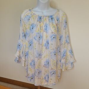 Chaps Blue and Cream Floral Blouse